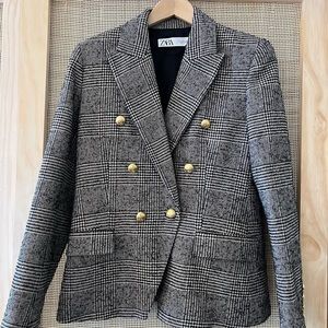 Zara Women Plaid Double Breasted Check Blazer